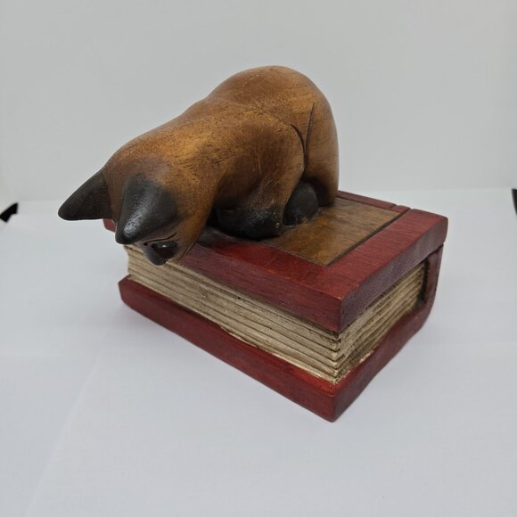 Hand Painted / Stained Wooden Cat / Kitten on a Book Trinket Box - Picture 2 of 10